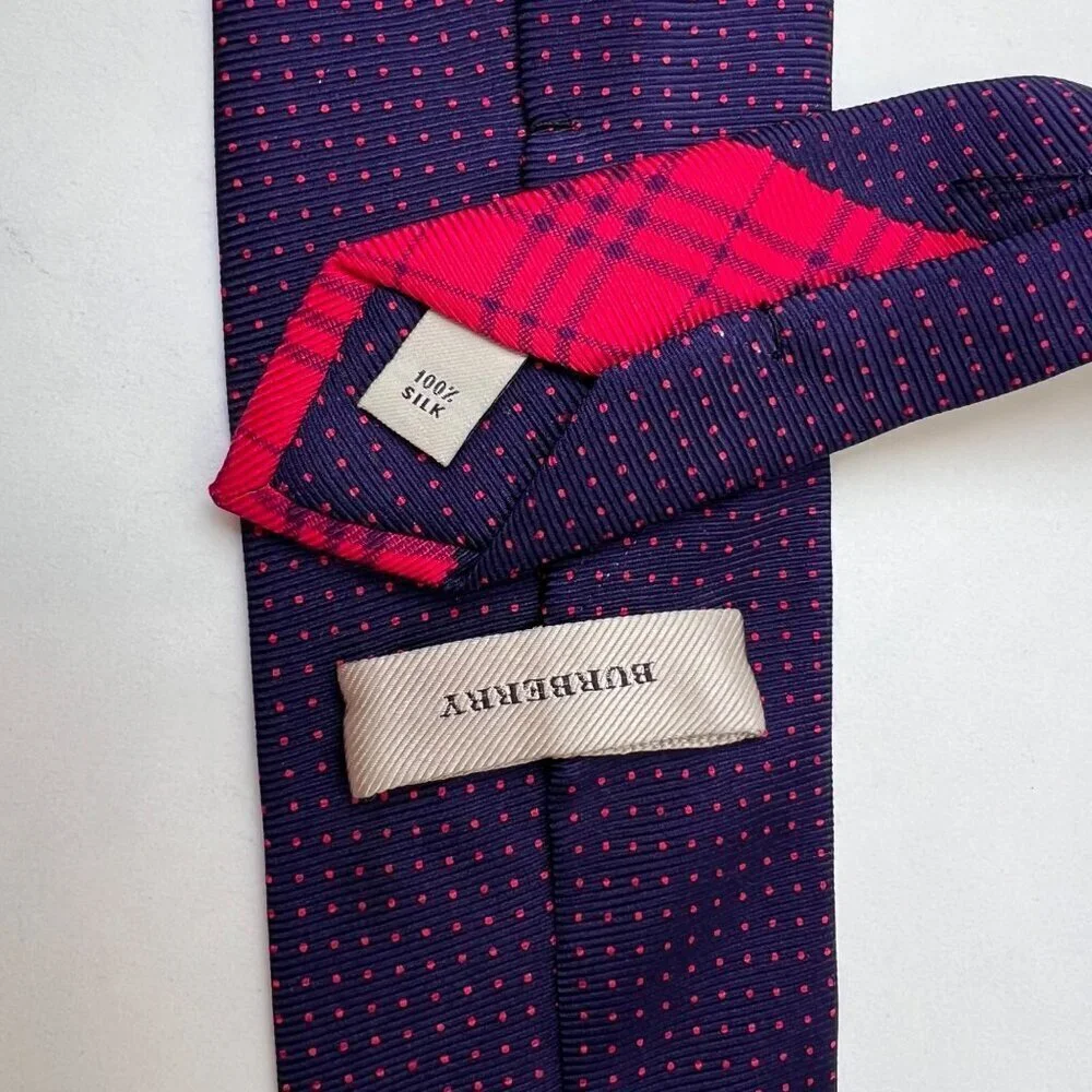 Burberry 100% Silk Tie – Navy with Red Dot Pattern